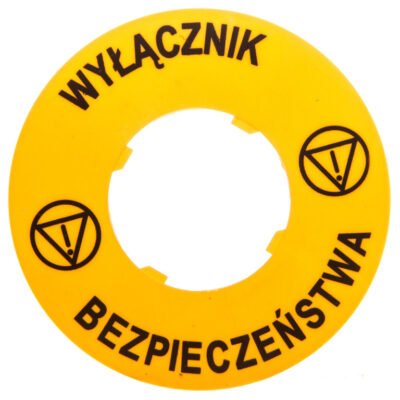 Tabliczka opisowa żółta okrągła fi60 wyłącznik bezpieczeństwa LPXAU122