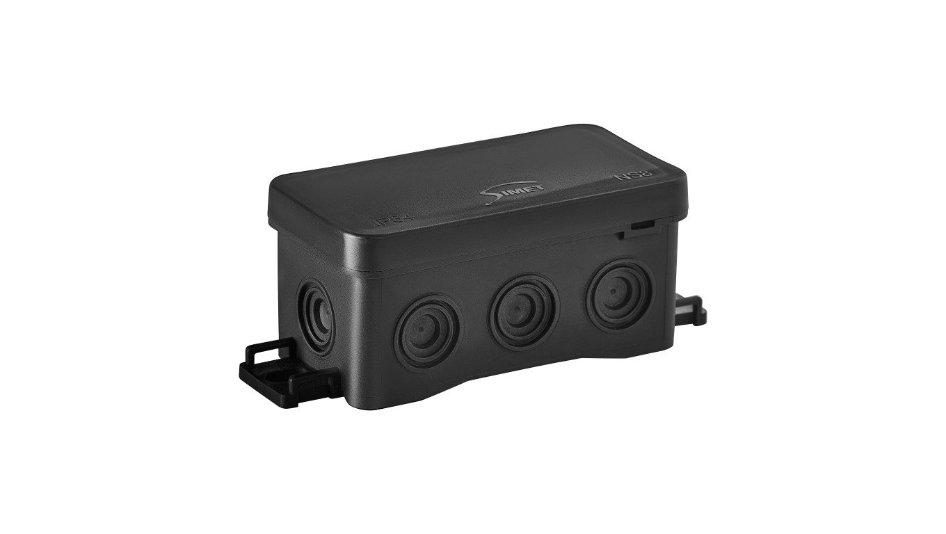 Puszka naścienna 45x40x85mm IP54 z dławnicami samozatrzaskowa bezhalogenowa odporna na UV czarna FastboxiHook NS8 35357107