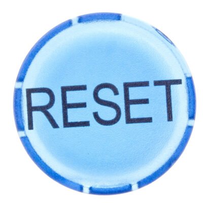 Soczewka przycisku 22mm płaska niebieska z opisem RESET M22-XDL-B-GB14 218336