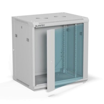 Szafa rack wisząca 19 cali 12U 600x450, drzwi szklane, tył i osłony boczne demontowalne, FLAT PACK kolor szary ALANTEC