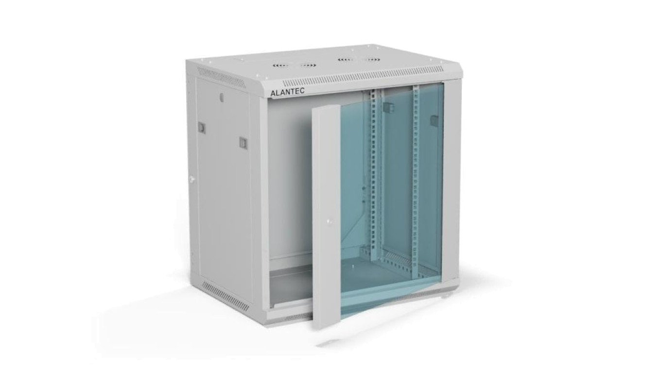Szafa rack wisząca 19 cali 12U 600x450, drzwi szklane, tył i osłony boczne demontowalne, FLAT PACK kolor szary ALANTEC