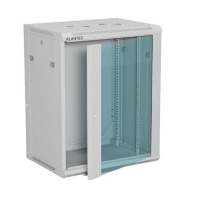 Szafa rack wisząca 19 cali 15U 600x450, drzwi szklane, tył i osłony boczne demontowalne, FLAT PACK kolor szary ALANTEC