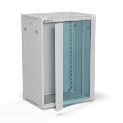 Szafa rack wisząca 19 cali 18U 600x450, drzwi szklane, tył i osłony boczne demontowalne, FLAT PACK kolor szary ALANTEC