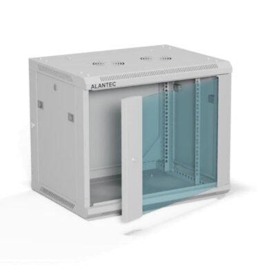 Szafa rack wisząca 19 cali 9U 600x450, drzwi szklane, tył i osłony boczne demontowalne, FLAT PACK kolor szary ALANTEC