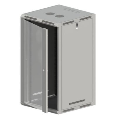 Szafa rack wisząca/stojąca 19 cali 21U 600x600, niedzielona, drzwi szklane, kolor szary FLAT PACK