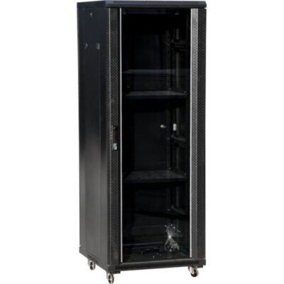 Szafa teleinformatyczna rack 19 cali 42U 600x600, drzwi szklane, kolor czarny FLAT PACK